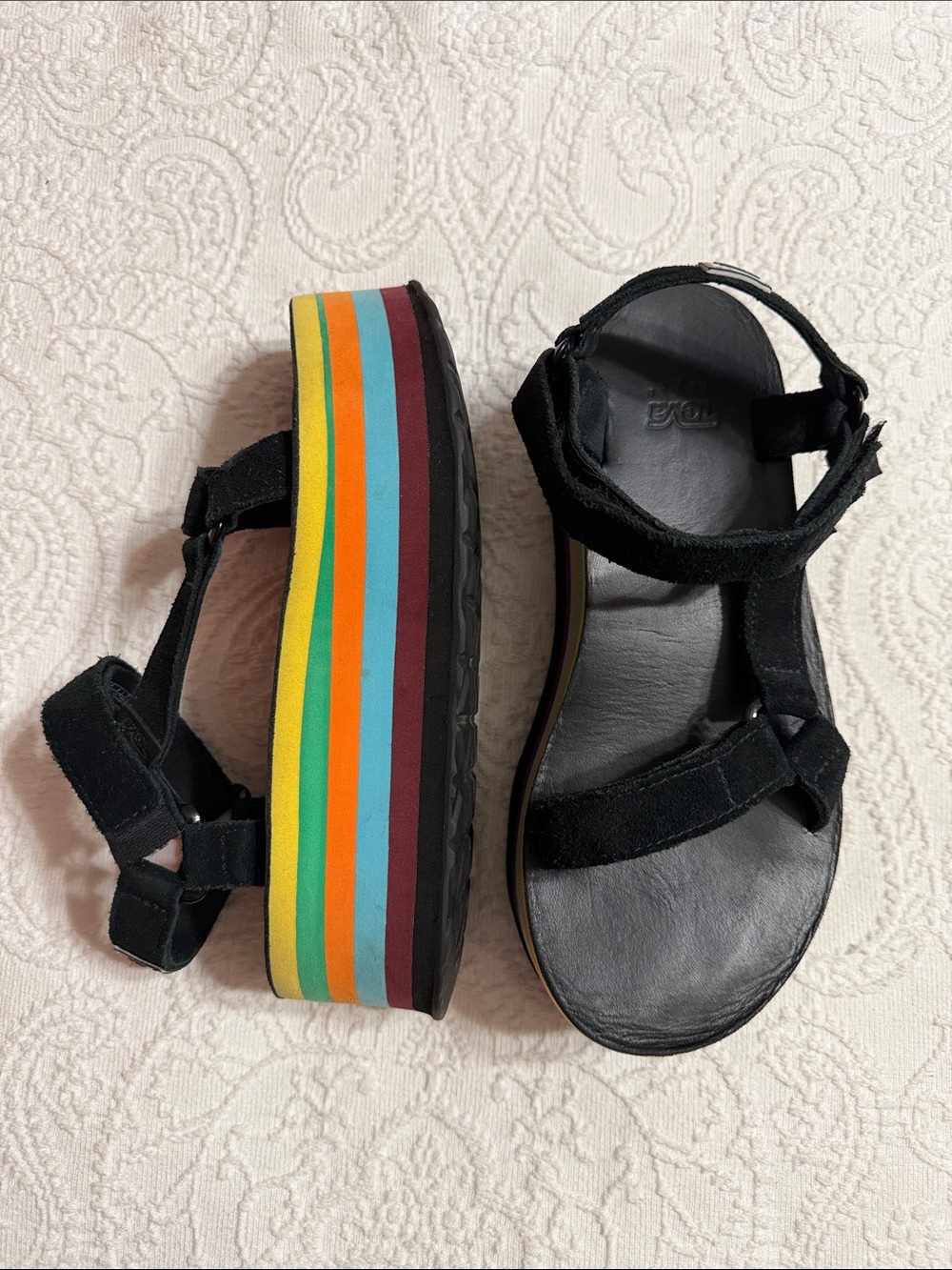 Teva Black Platform Sandals Size 8 with Rainbow Stripes